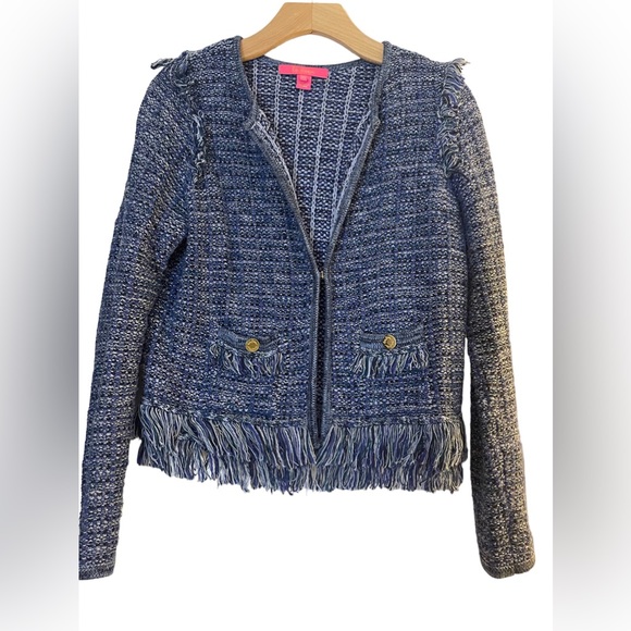 Lilly Pulitzer Simora Cardigan In Oyster Bay Navy Exotic Tweed/Fringe XS - Picture 3 of 4